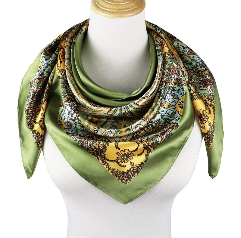 vabovin Silk Feeling Scarf Large Square Satin Head Scarf for Women 35 Ã— 35 inches (Olive Green Cashew) - Image 3